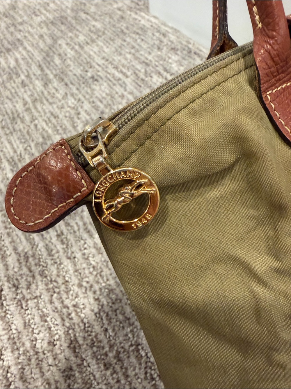 Longchamp Le Pliage Small Top Handle Tote Bag Khaki Green Made in France 13”x8.5 - Picture 2 of 11